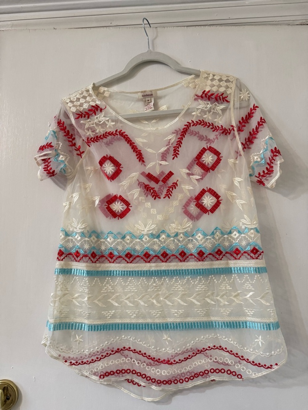 Sundance Ivory Sheer Top with Red & Aqua Embroidery